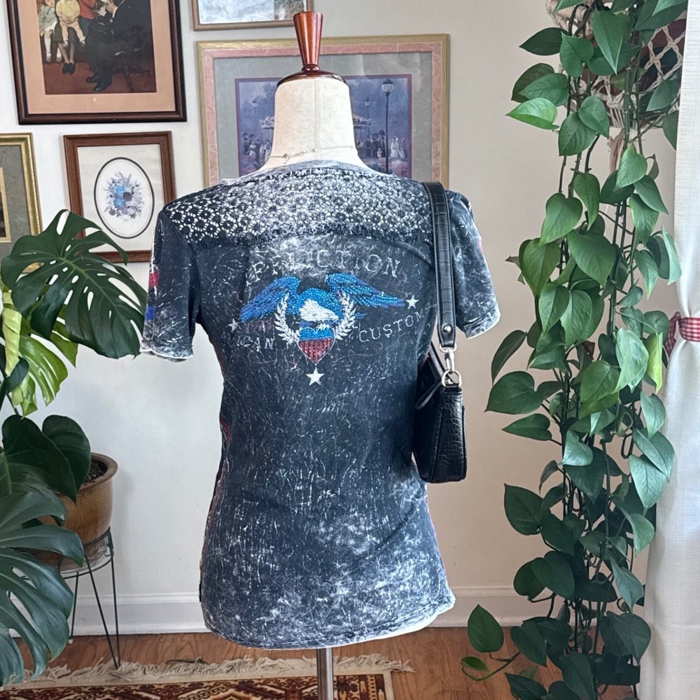 Y2K Affliction American Customs Graphic Tee Black Acid Wash Rhinestone Lace L - Picture 4 of 6